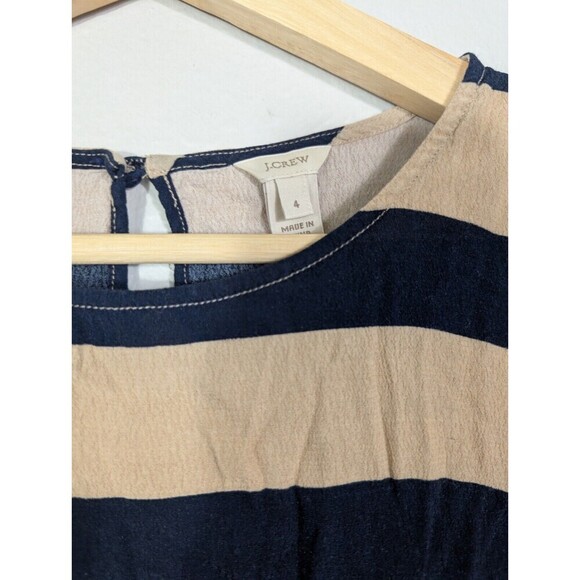 J. Crew Womens Sz 4 Xs Striped Tan Navy Top Blouse 3/4 Sleeves Button Closure 01 - Picture 4 of 7